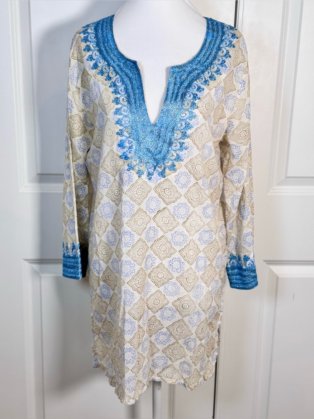 Roberta Roller Rabbit Tunic S Blue Cotton Embroidered Beach Cover Up Boho Resort